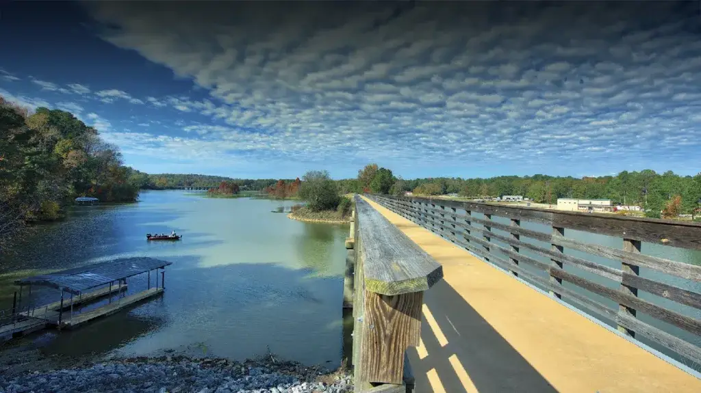 View of a boardwalk on Lake Eufaula with beautiful water and blue skies