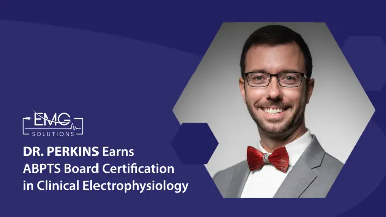 This promotional graphic from EMG Solutions celebrates Dr. Perkins earning his board certification. On the right side, there is a professional headshot of a smiling man with short dark hair and glasses, wearing a grey suit jacket, a white shirt, and a distinctive red and white patterned bowtie. The background is dark blue with subtle hexagonal patterns. On the left side, the white EMG Solutions logo is positioned above the text "DR. PERKINS Earns ABPTS Board Certification in Clinical Electrophysiology."