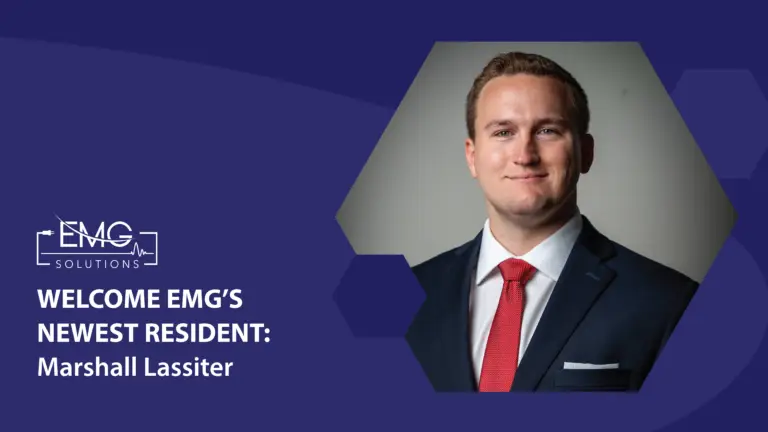 The image is a promotional graphic from EMG Solutions announcing the arrival of their newest resident, Marshall Lassiter. On the right side, there is a professional headshot of a smiling man with short brown hair, wearing a dark navy suit, a white dress shirt, and a bright red tie. The background of the graphic is a deep blue with subtle geometric hexagonal patterns in various shades of blue. On the left side, the EMG Solutions logo is featured in white above the bold text "WELCOME EMG’S NEWEST RESIDENT: Marshall Lassiter."