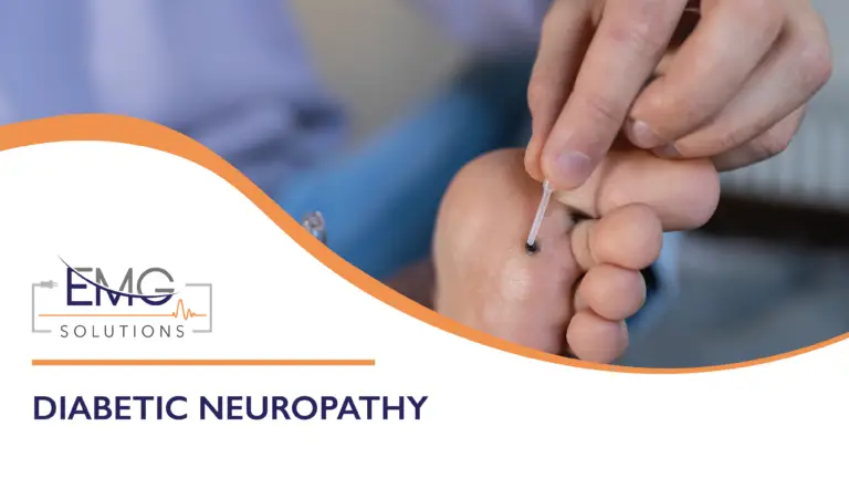 This promotional graphic from EMG Solutions focuses on the topic of "DIABETIC NEUROPATHY." The main image is a close-up photograph of the bottom of a patient's foot. A clinician’s hand is shown using a small, thin medical applicator to touch a dark spot on the ball of the foot, illustrating a clinical examination or sensory test. The bottom-left corner features a white section with a curved orange border containing the EMG Solutions logo and the bold, dark blue title of the graphic.