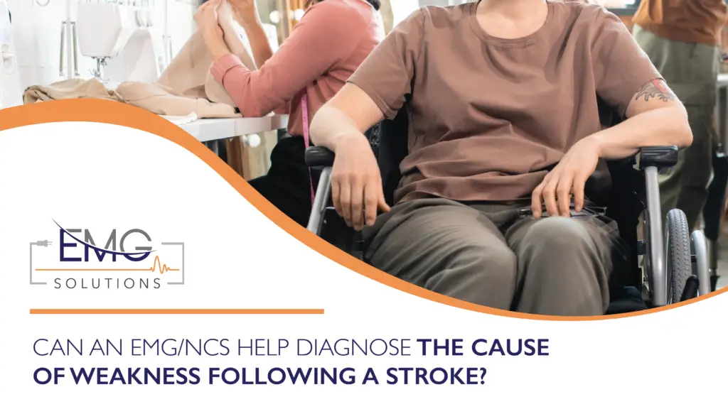 This promotional graphic from EMG Solutions addresses the diagnostic role of electrodiagnostics in post-stroke recovery. On the right, the image shows a person in a brown shirt sitting in a wheelchair, holding a pair of glasses in their lap. The bottom left features a white section with an orange curved border containing the EMG Solutions logo above the bold, dark blue title "CAN AN EMG/NCS HELP DIAGNOSE THE CAUSE OF WEAKNESS FOLLOWING A STROKE?"