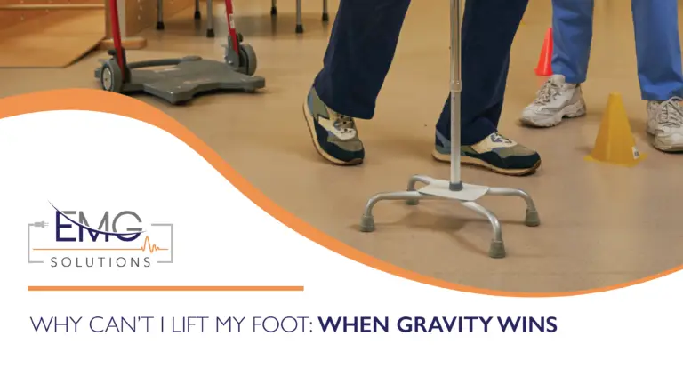 Image of feet and a walker with the text Why can't I lift my foot
