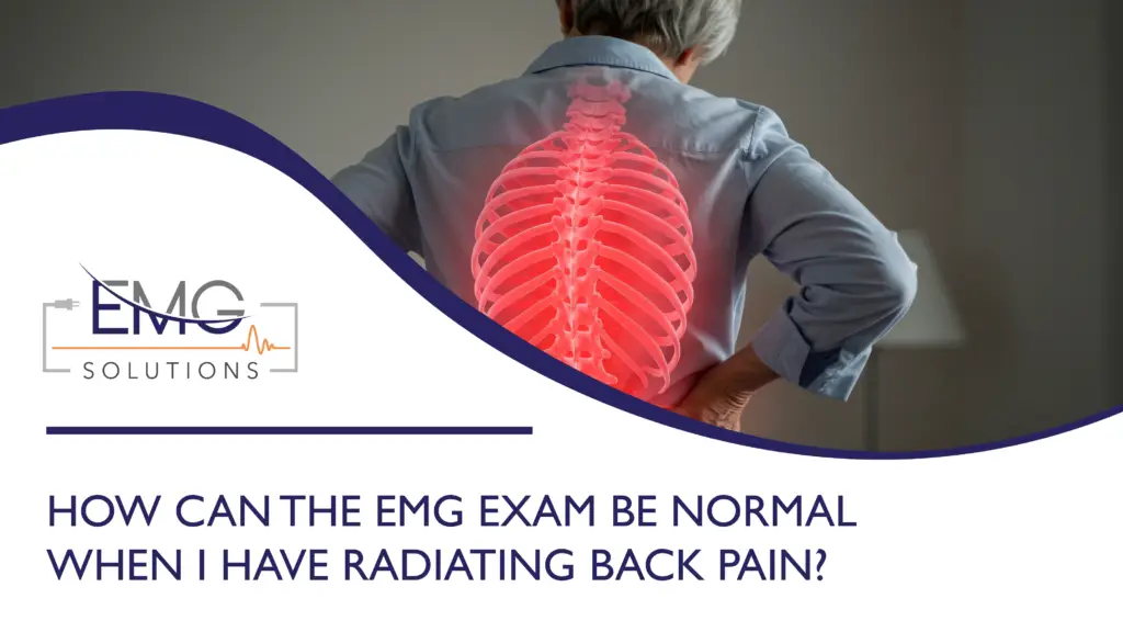 This promotional graphic from EMG Solutions features a person seen from the back, wearing a light blue shirt and holding their lower back in pain. A red, glowing anatomical overlay of the spine and rib cage is superimposed over their back to illustrate radiating discomfort. In the bottom left corner, a white section with a dark blue curved border contains the EMG Solutions logo. Below this curve, bold dark blue text reads, "HOW CAN THE EMG EXAM BE NORMAL WHEN I HAVE RADIATING BACK PAIN?"