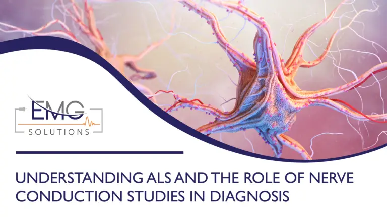 This promotional graphic from EMG Solutions features a detailed 3D rendering of a neuron and its branching nerve fibers against a soft pink and purple background. A white section in the lower left corner, defined by a dark blue curved border, contains the EMG Solutions logo and the bold title "UNDERSTANDING ALS AND THE ROLE OF NERVE CONDUCTION STUDIES IN DIAGNOSIS." The graphic is designed to highlight the importance of diagnostic testing in understanding complex neurological conditions.