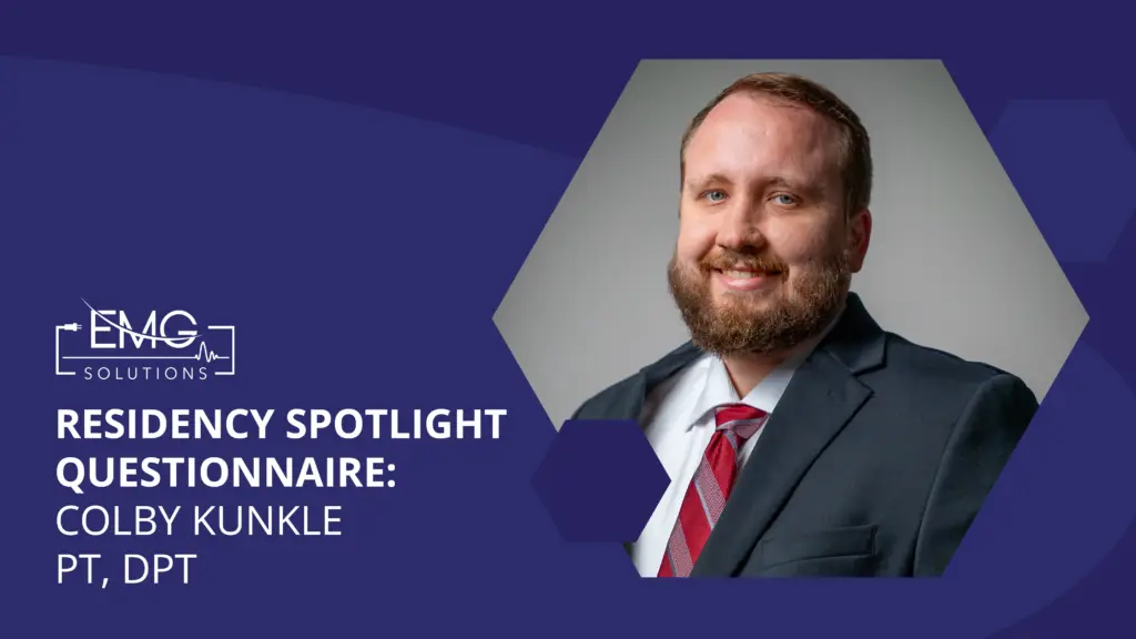 This promotional graphic from EMG Solutions features a residency spotlight questionnaire for Colby Kunkle, PT, DPT. On the right side, there is a professional headshot of a smiling man with a brown beard and hair, wearing a dark suit jacket over a white dress shirt and a red striped tie. The background of the graphic is a deep blue with subtle hexagonal patterns in various shades of blue. On the left side, the white EMG Solutions logo appears above the bold text "RESIDENCY SPOTLIGHT QUESTIONNAIRE: COLBY KUNKLE PT, DPT."