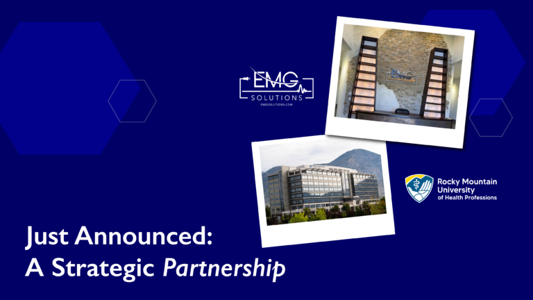 An announcement graphic on a blue background featuring the headline "Just Announced: A Strategic Partnership." The image includes the logos of EMG Solutions and Rocky Mountain University of Health Professions alongside two polaroid-style photos: one of a modern office interior with the EMG Solutions logo on a stone wall and another of a large clinical building with a mountain backdrop.