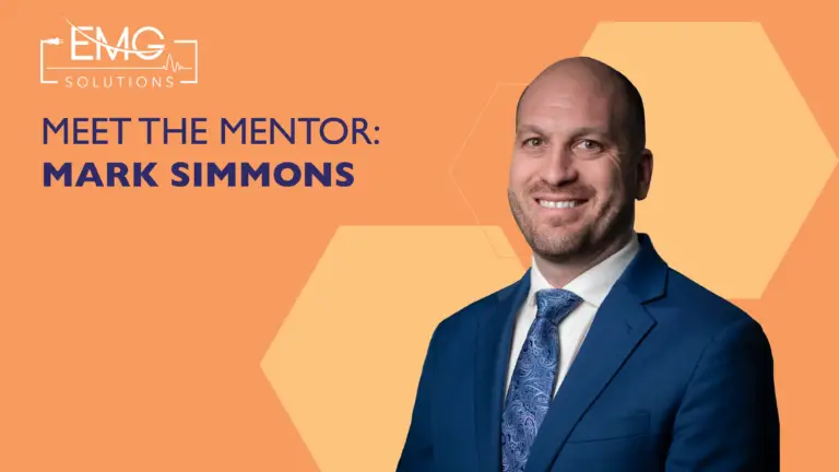 A professional promotional graphic titled Meet the Mentor: Mark Simmons. It features a headshot of a smiling man in a navy blue suit against an orange background with hexagonal patterns and the EMG Solutions logo.